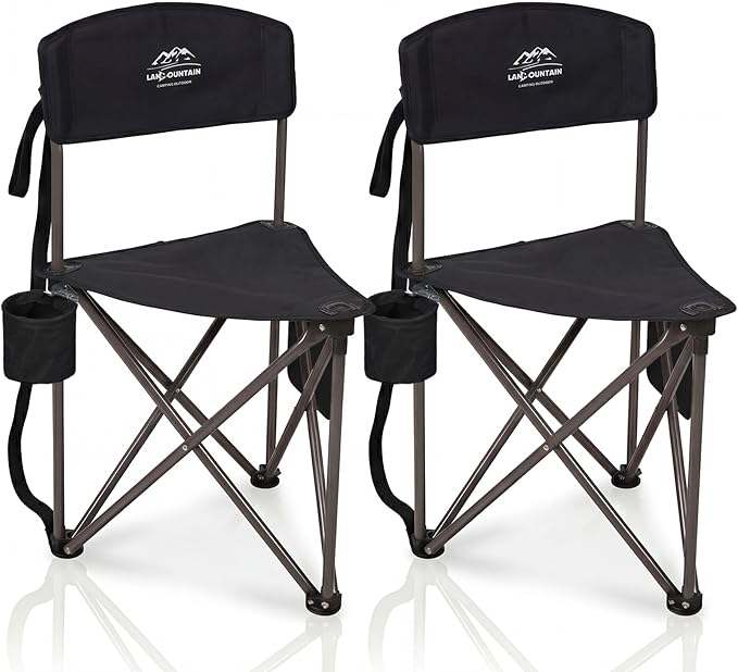 2 Pack Folding Camping Tripod Stool with Backrest &amp Cup Holder Lightweight Portable Outdoor Chairs for Adults Compact 3-Leg Seat for Fishing Hunting Hiking &amp Travel w/Bag - Black