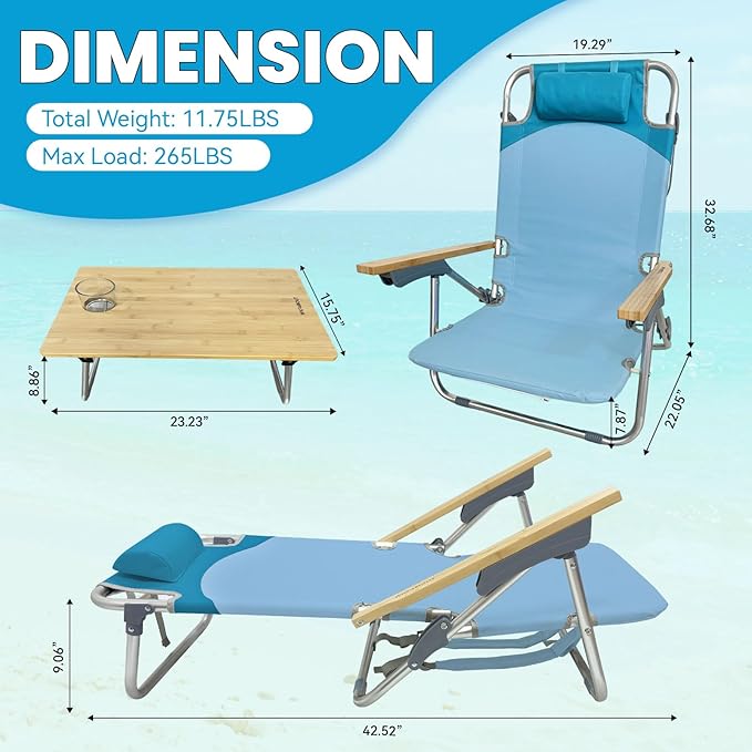 2 Pack Low Backpack Beach Chair with Folding Bamboo Table for Adults 5-Position Lay Flat Reclining Chair Lightweight with Cooler Bag Supports 265 lbs