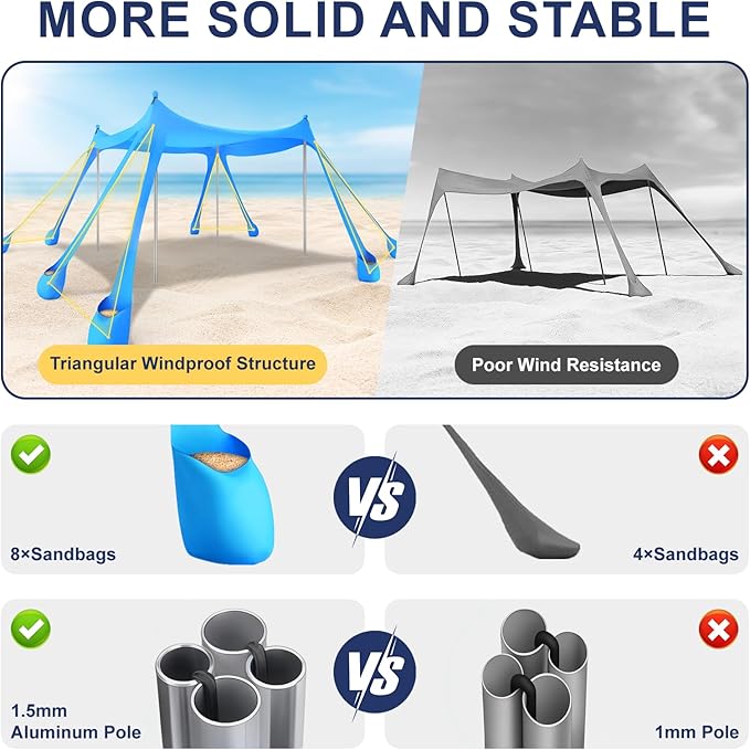 Beach Tent Sun Shelter UPF 50+10x10 FT Beach Canopy Tent Sun ShadePop Up Beach Canopy with 8 Sandbags Outdoor Beach Shade for Camping Trips Fishing Backyard Fun Picnics (Sky Blue)