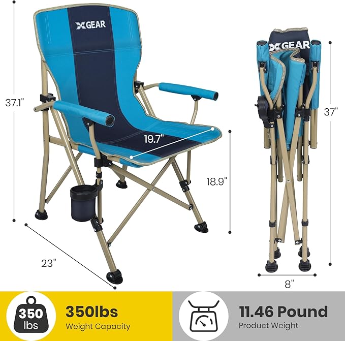 XGEAR Camping Chair with Padded Hard Armrest Sturdy Folding Camp Chair with Cup Holder Storage Pockets Carry Bag Included Support to 400 lbs