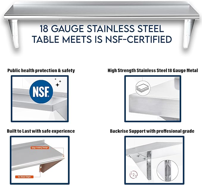 NSF Certified 18 Gauge Heavy Duty Stainless Steel Wall Shelf with Brackets for Kitchens Utility Rooms Storage Offices &amp Home (72x12)