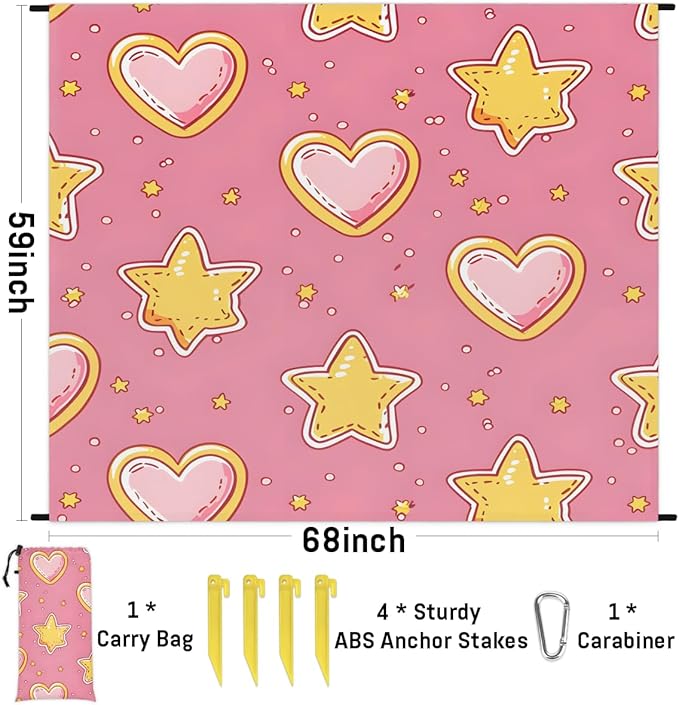 Waterproof Sandproof Beach Blanket 59''×68'' Golden Star Polyester Outdoor Picnic Blanket with 4 Stakes &amp Storage Bag for BeachCampingVacation Leather Pink