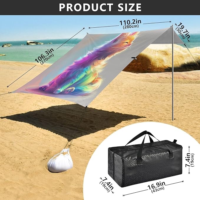 ALAZA Rainbow Cat Kitten Beach Tent Sun Shelter UPF50+ Protection Beach Shade Canopy w/ 4 Sandbags for Outdoor Camping Fishing Backyard Fun Picnic 10x9 ft