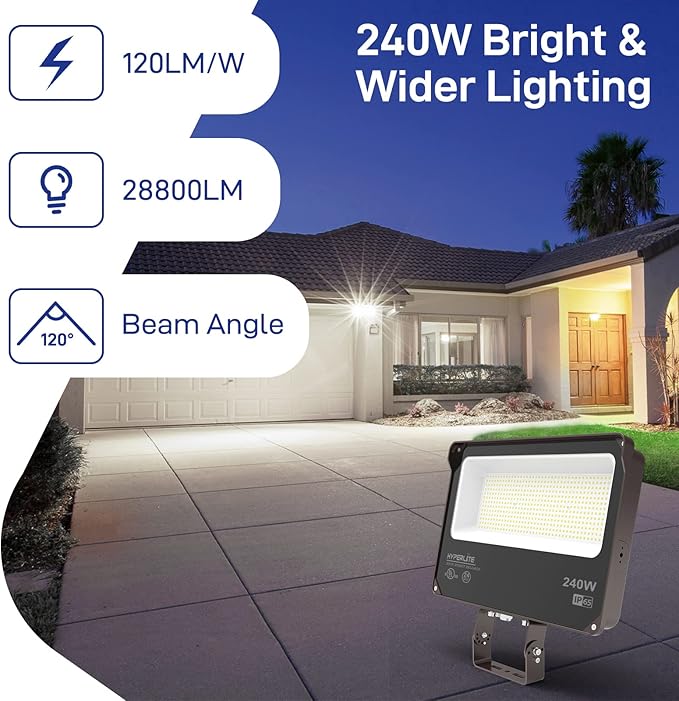 HYPERLITE LED Flood Light 240W 28800LM 5000K Daylight IP65 Waterproof Outdoor Floodlights UL Certified for CourtGardenWarehouse