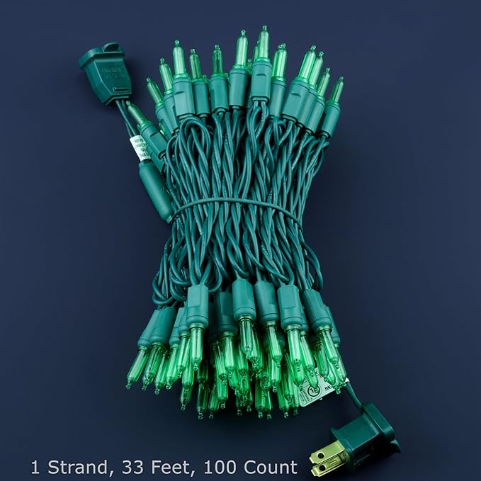 100 Green One-Piece LED Christmas Lights 33 ft Green Cord High Waterproof UL Certified T5 Outdoor String Lights