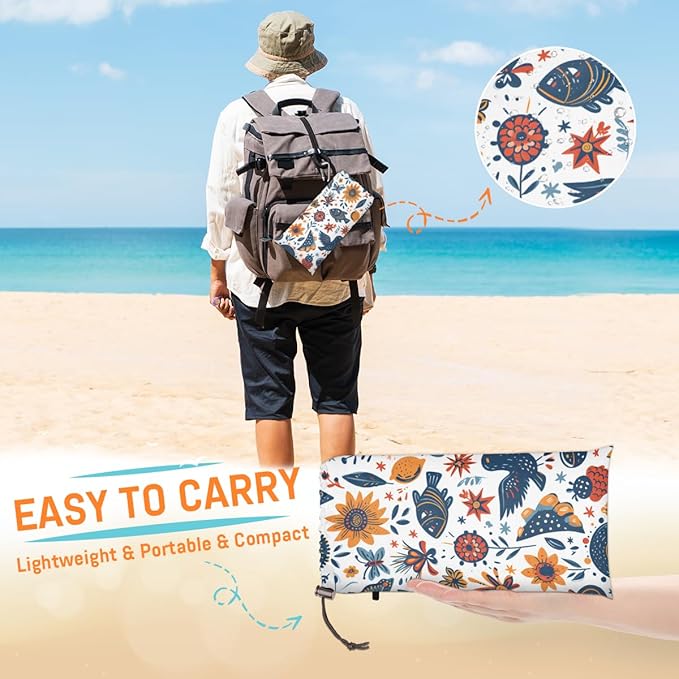 Waterproof Sandproof Beach Blanket 59''×68'' Animals &amp Plants Polyester Outdoor Picnic Blanket with 4 Stakes &amp Storage Bag for BeachCampingVacation White