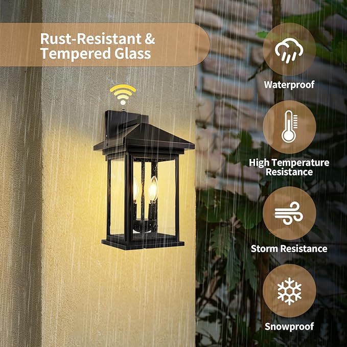 Dusk to Dawn Outdoor Wall Lantern Exterior Wall Sconce Fixture with Tempered Clear Seeded Glass Matte Black Finish for Outdoors (Large Wall Mount)