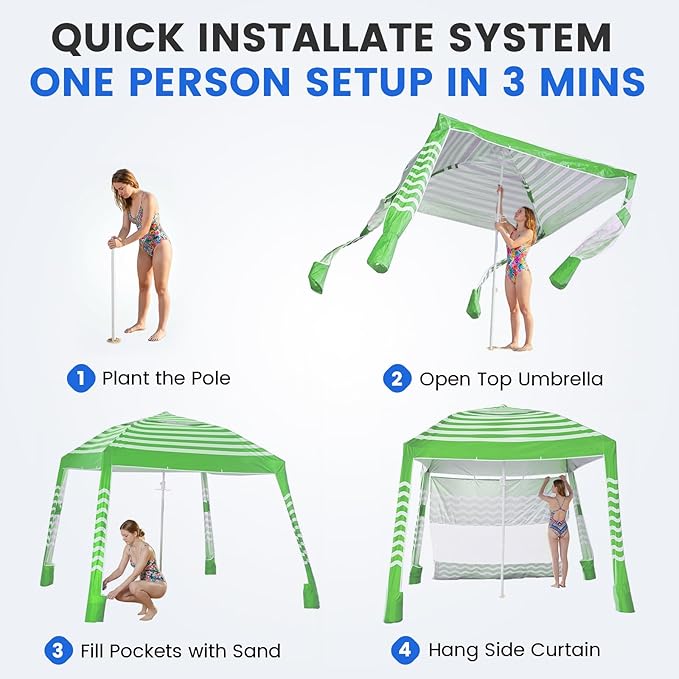 Zeraty Beach Cabana 8'×8' Portable Beach Canopy with Side Wall Easy Pop Up UPF 50+ Silver-Coated Beach Tent Sun Shelter Wind Resistant Adjustable Height Beach Umbrella Tent for Family Green