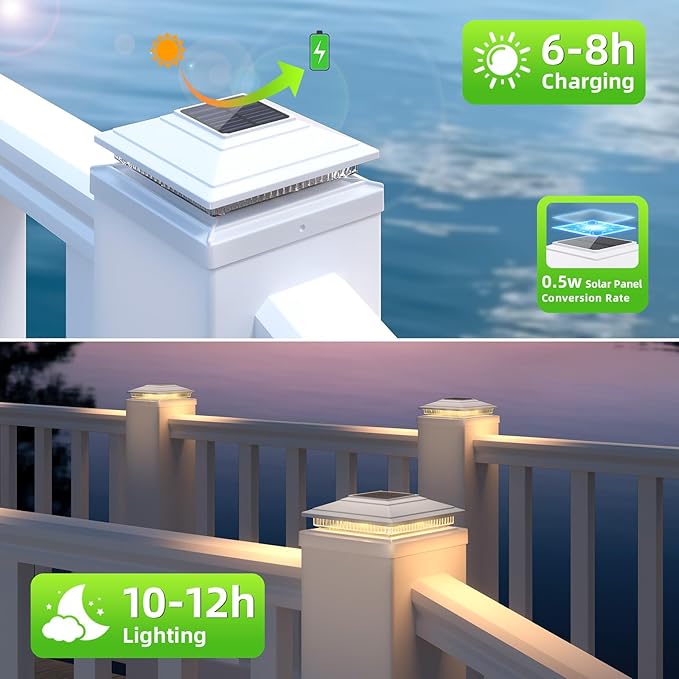 Post Cap Lights Outdoor 4pack Waterproof Fence Post Solar Lights for 4x4 5x5 6x6 Wood/Vinyl Posts White Solar Deck Post Lights with 2 Color Modes Decorate Garden Patio Porch Backyard