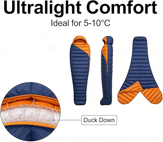 Down Sleeping Bag Ultralight for Adults 90% Duck Down 800+ Fill Power 5-10°C with Compression Storage Bag - Water-Resistant Shell for Kids and Backpacking Gear