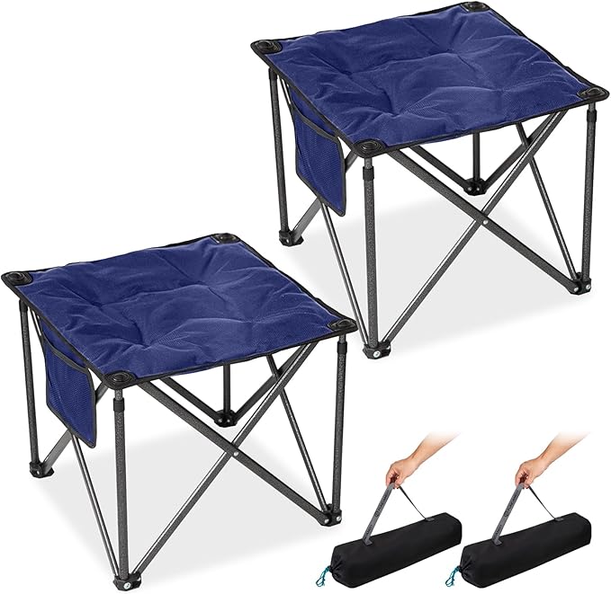 FUNDANGO Folding Camping Stool 2 Pack 18.1 Inch Oversized Foot Stools 400 Lbs Heavy Duty Portable Padded Seat Anti-Slip Foots &amp Carry Bag for Fishing Outdoor Lawn Travel (Blue)
