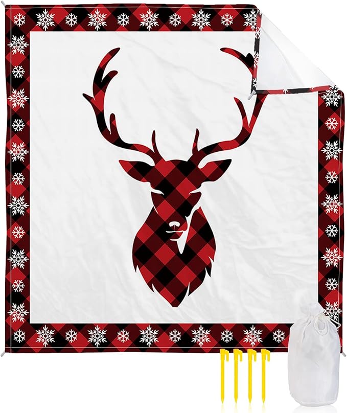 Beach Blanket Waterproof Sandproof OversizedChristmas Reindeer Snowflake Beach Mat with Corner Stakes Sand PocketsRed Black Buffalo Check Outdoor Picnic Mat for Travel Camping Hiking 118x108In