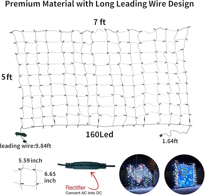 Led Christmas Net Lights White Outdoor Christmas Lights 160LED 5ftx7ft Waterproof Outdoor Indoor Fairy Mesh Net Light for Xmas Party Yard Patio Trees Shrubs Bushes Decorations