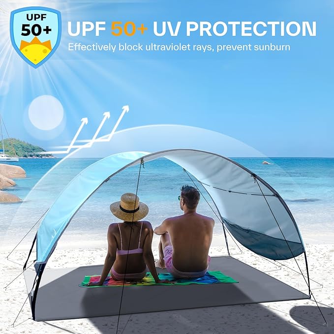 Sportneer Beach Tent Sun Shelter: UPF 50+ UV Protection Beach Canopy Tent Sun Shade for 2-3 Person Easy Set Up Canopy with 8 Wind Ropes and 12 Ground Stakes Size 96.5''x55.7''
