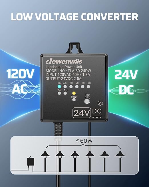 DEWENWILS Low Voltage Landscape Transformer 60W 120V AC to 24V DC Landscape Lighting Transformer with Timer &amp Photocell Sensor Outdoor Weatherproof for LED Lights Spotlights Pathway Lights
