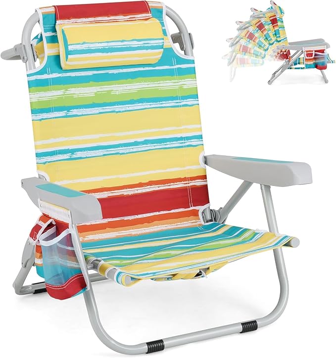 COSTWAY Backpack Beach Chair Foldable Camping Chair with 5 Adjustable Position Cup Holder Storage Pockets Straps Towel Rack Pillow for Patio Outdoor (Color Stripe1)
