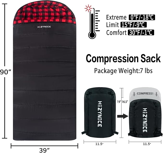 Cold Weather Sleeping Bag 100% Cotton Flannel XXL for Adults Big and TallFree Compression Sack