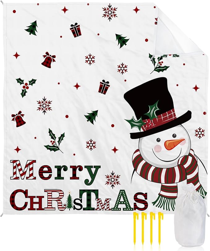 Beach Blanket Waterproof Sandproof OversizedMerry Christmas Snowman Cartoon Beach Mat with Corner Stakes Sand PocketsHolly Snowflake Gift Bell Outdoor Picnic Mat for Travel Camping Hiking 108x84In
