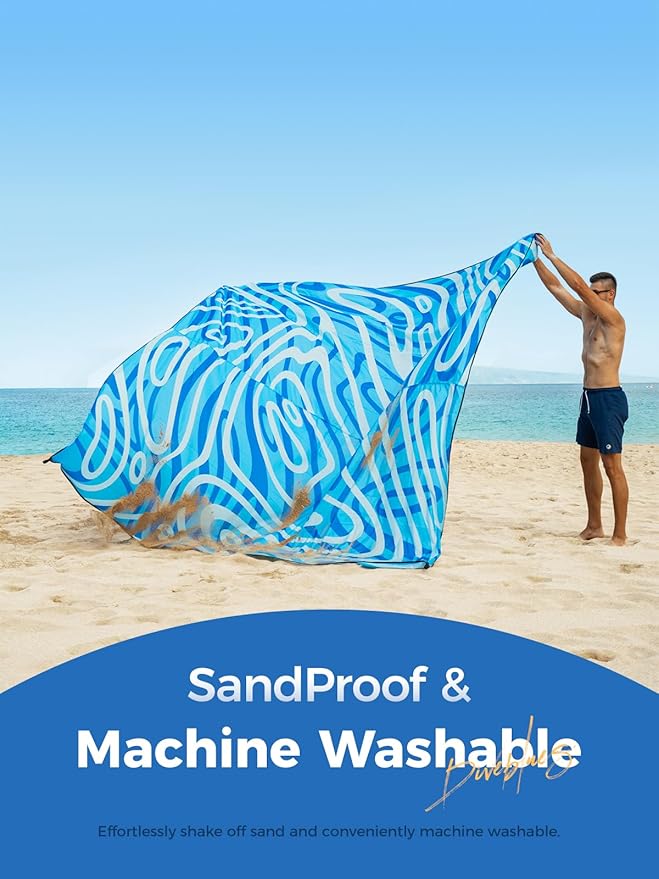Diveblues Beach Blanket Oversized Extra Large 110 * 118/ 9 * 10 FtBeach Mat Waterproof SandproofSoft and Durable Picnic Mat for Travel Camping Beach Vacation4 Stakes &amp 1 Travel Bag