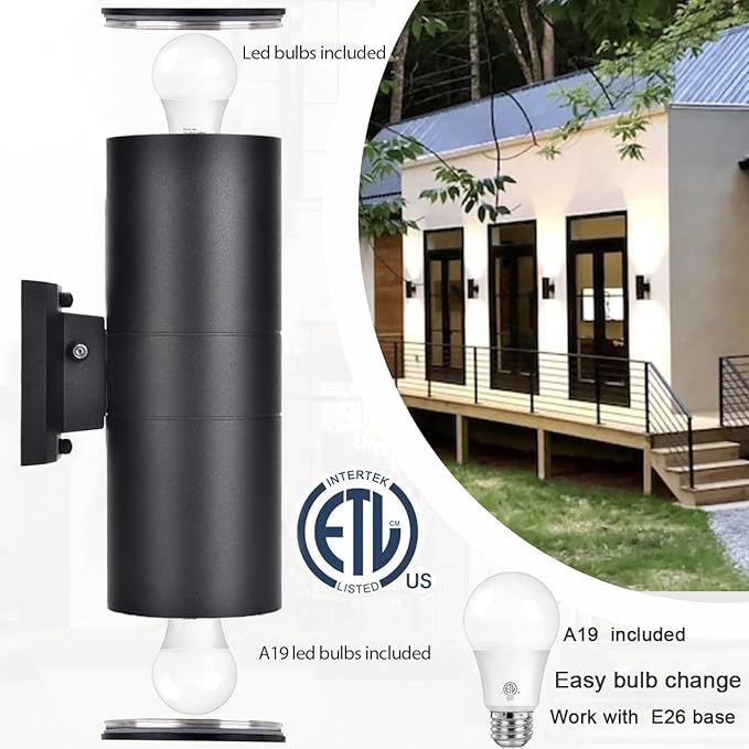 Dusk to Dawn Outdoor Lighting Up and Down Lights Outdoor Wall Sconce - LED Light Lamps A19 IncludedExterior Light Fixture Outdoor Wall Lights for GaragePorchFront Door [ETL Listed]
