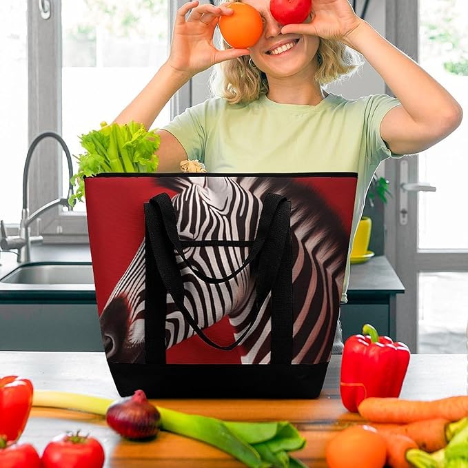 Insulated Shopping BagLarge Reusable Cooler Bags Zebra Red Printed Foldable Shopping BagTravel Waterproof Shoulder Bag