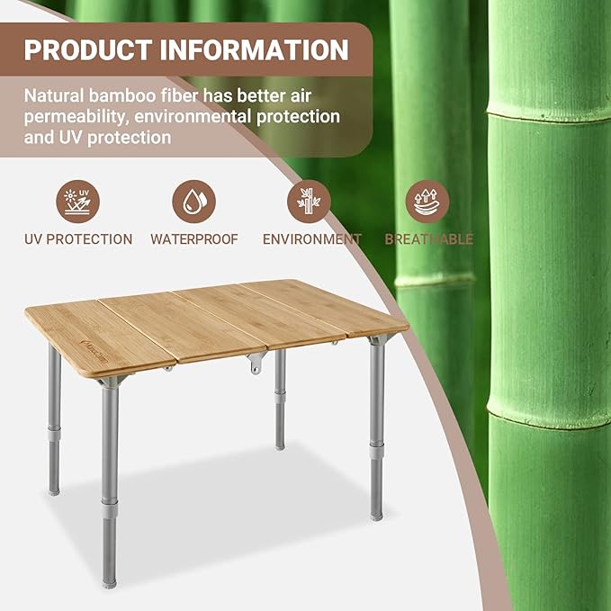 KingCamp Bamboo Folding Table Camping Table with Adjustable Height 4-Folds Compact Small Lightweight Portable Picnic Camp Table for Outdoor Backpacking Beach RV Travel Tailgating Barbecue 1-2 People