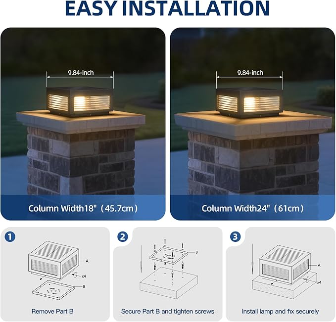 Solar Post Lights 9.84 Modern Pillar Lights Waterproof Glass Outdoor Column Light Solar Powered Landscape Pillar Lamp Dusk to Dawn 3000K Lighting for Patio Fence Deck Yard Garden Entrance