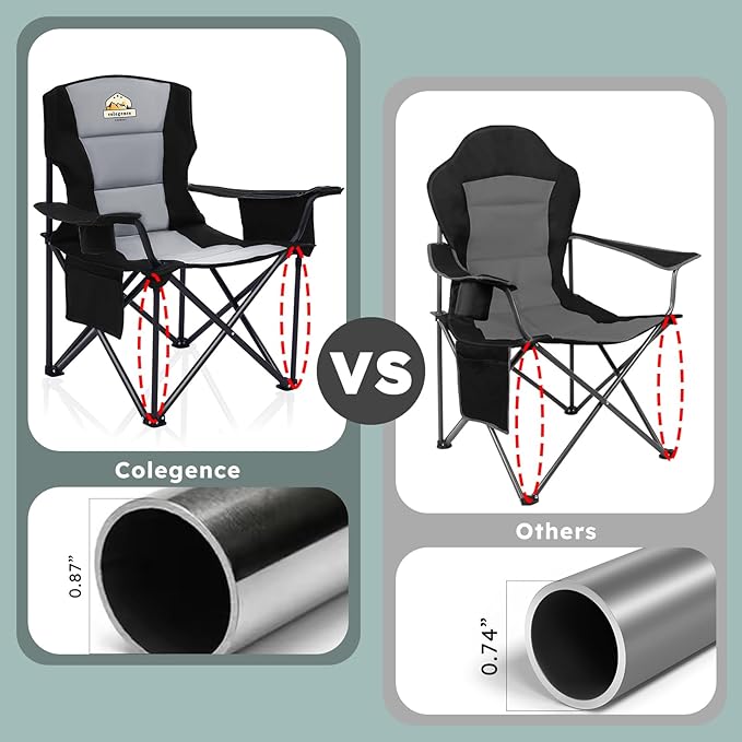 Oversized Folding Camping Chairs - 450 LBS Support Heavy Duty Camp Chair with Padded Cushion Portable Outside Chairs with Carry BagCooler Cup Holder for Outdoor Lawn Sports - Black