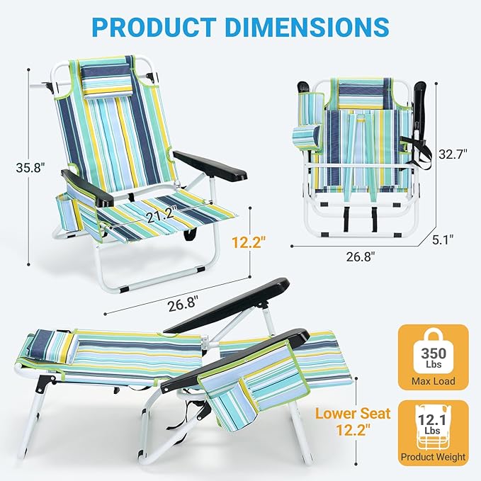 Beach Chair for AdultsPortable 5 Position Backpack Beach Chair Reclining Lay Flat Lightweight Folding Camping Chair w/Large Cooler PouchSupport to 350LBSGreen Low Hight