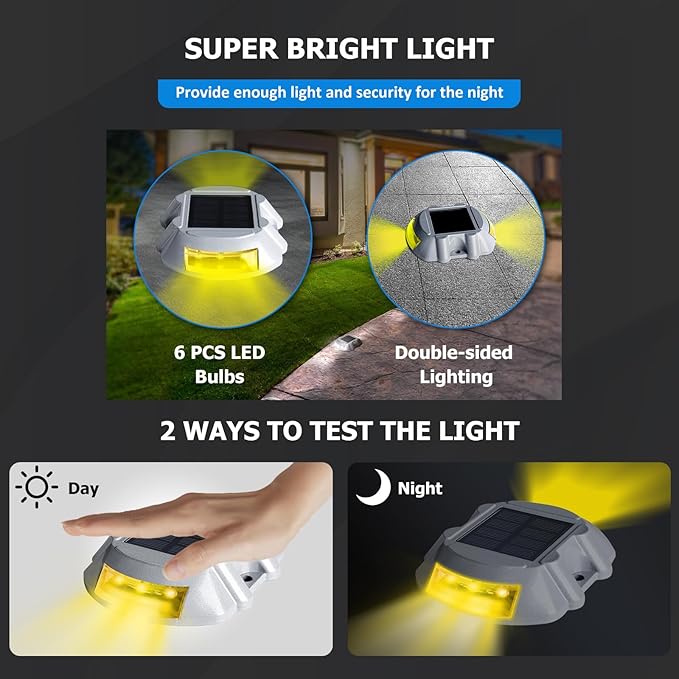 JIGUOOR Solar Deck Lights LED Driveway Lights Solar Powered Dock Light Outdoor IP68 Waterproof Road Markers for Step Sidewalk Stair Boat Garden Ground Pathway Yard (Yellow 14 Pack)
