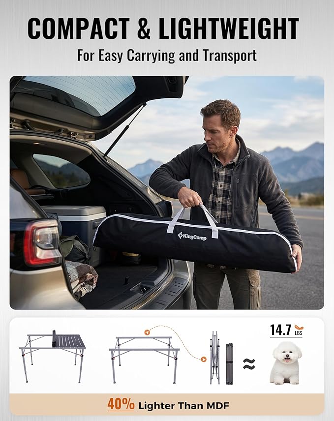 KingCamp Folding Camping Table Foldable Loads 265 Lbs 42.1× 27.6 Portable Table 3 Adjustable Height Aluminum Roll Up Camp Table with Carry Bag for Camping Picnic BBQ Backyard Indoor &amp Outdoor
