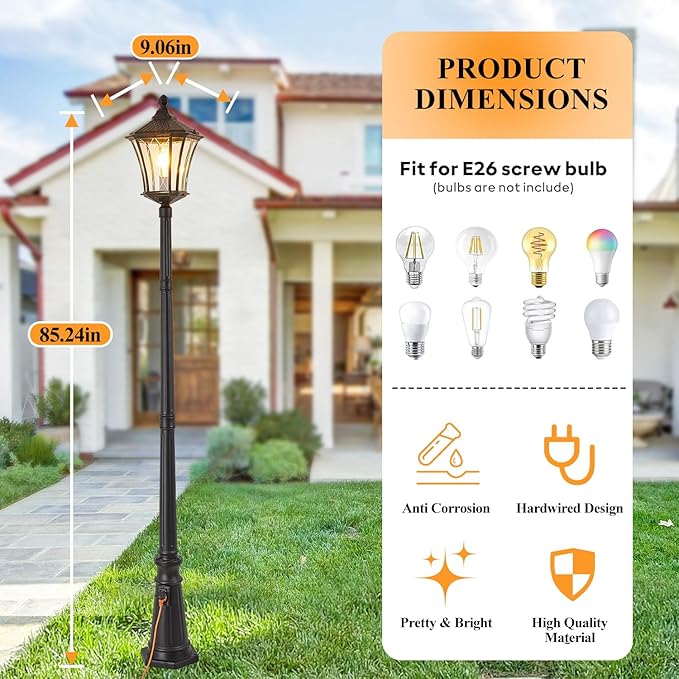 Outdoor Lamp Post Lights with Outlet Dusk to Dawn Pole Lamp with Patterned Glass Aluminum Waterproof Outside Street Light with Plug Hardwired Black Light Pole for Backyard Garden Driveway