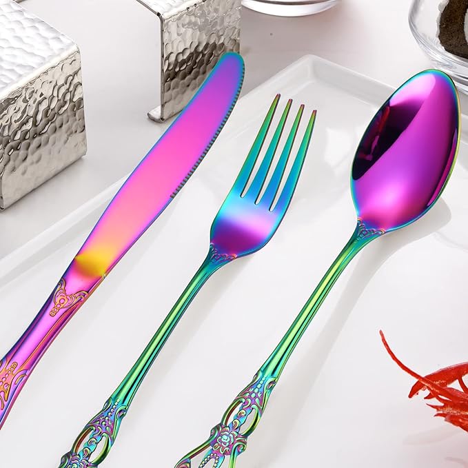 Retro Silverware Rainbow Set for 4 Stainless Steel Flatware 20 Pieces include Knives Spoons Forks With Vintage Relief Design Handle Durable Elegant Festival Parties Kitchen Utensils