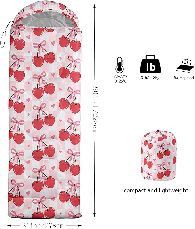 Pink Bow Sleeping BagGirly Princess Bowknot Camping Bag for Girls KidsPink and White Striped Lightweight Warm Portable Outdoor Indoor-Waterproof Cold Weather Resistant for Camping Hiking