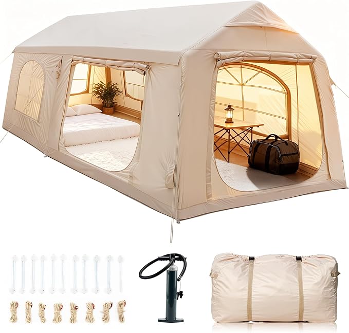 Inflatable Tents for Camping Blow Up Tent with Hand Pump Easy Setup Inflatable Hot Tent with Stove Jack Waterproof Oxford Air Glamping Tents for Camping Adult 4 Person Upgrade Version