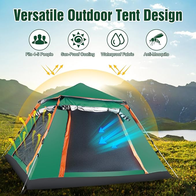 4-5 Person Camping Tent Outdoor Foldable Waterproof Tent with 2 Mosquito Nets Windows Carrying Bag for Hiking Climbing Adventure Fishing