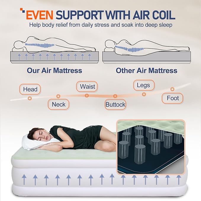 Queen Size Air Mattress with Built-in Pump Inflatable Bed Blow Up Mattress 18in Green White