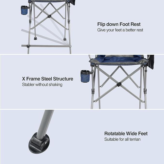 Extra Tall Folding Chairs for Adults 2 Pack Portable Bar Height Foldable Director Chairs for Camping Outside Comfortable with Makeup PocketHigh Back and Footrest Blue and Black