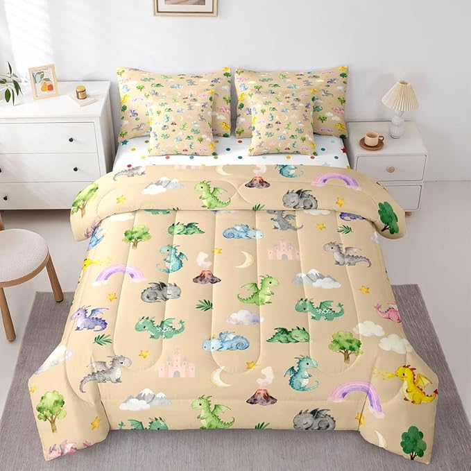 Baby Dragon 7 Piece Bedding Set King Size Animal Comforter Set with SheetsPillowcases &amp Cushion Cover for Boys Girls Bedroom Decor Cartoon Wildlife Bed in a Bag Microfiber Women Men Brown Beige