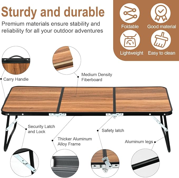 Folding Camping Table 3 Fold Portable Picnic Table with Aluminum Legs Lightweight Foldable Beach Table with Handle Outdoor Table for Camping BBQ Cooking Travel Patio Garden