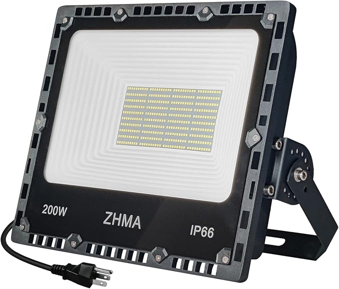 200W LED Flood Light Outdoor 20000lm Super Bright Work Lights IP66 Waterproof Security Light with Plug &amp Switch 6500K White Spotlight for Garden Yard Garage Basketball Court Lighting