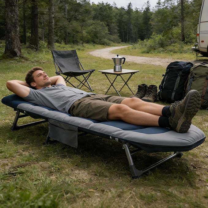 Portable Cot for Camping Adult Folding Camping Cot with Thick Mattress Pillow Adjustable Cots for Sleeping with Pad 26 Wide for Home Office Nap Beach Travel Hiking (Blue 2)