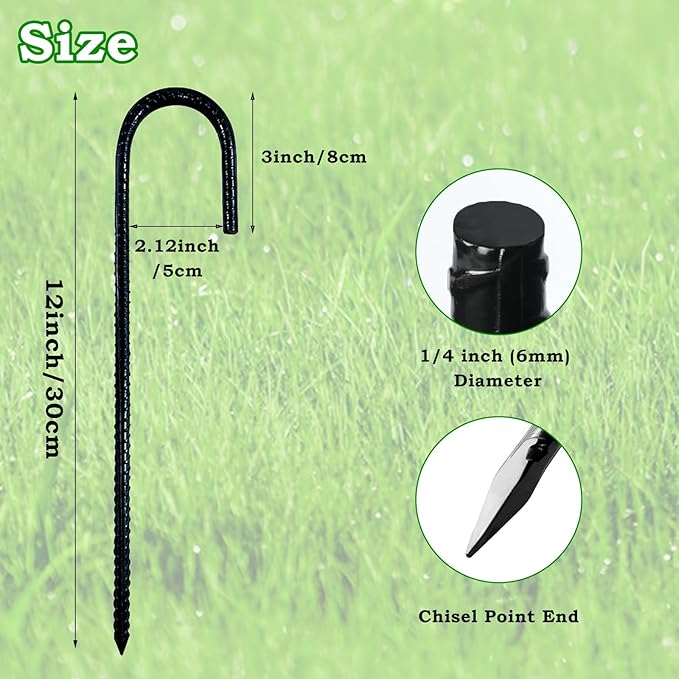 20 Pieces 12-Inch Metal Garden Ground Stakes Galvanized Steel J Shape Hook Rebar Stakes Heavy Duty Tent Stake Chain Link Fence Stake for Outdoor Lawn Decorations Black