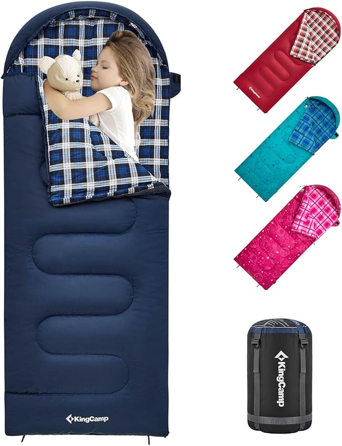 KingCamp 45°F Kids Sleeping Bag Lightweight Waterproof &amp Compact Flannel Sleeping Bags Cold Weather &amp Warm Youth Essentials Gear Accessories for Camping Fits 10-12 Children up to 4'7-5'5 T