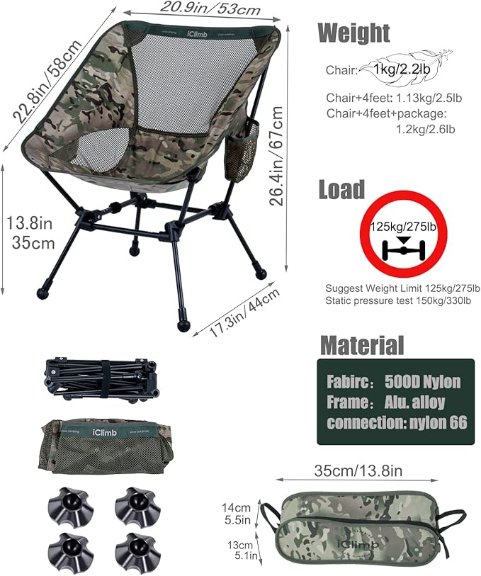 iClimb 1 Mini Folding Table and 1 Anti-Sink Large Feet Chair Ultralight Compact for Adults Outdoor Camping Backpacking Hiking