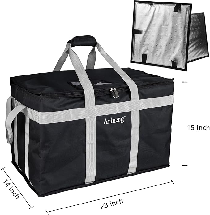 Food Delivery Insulated Bag Insulated Cold Meal Bag Built-in Base Plate For Hot and Cold Food Takeout Commercial Catering Transportation - 23 * 14 * 15 inches (Partitioned Black)