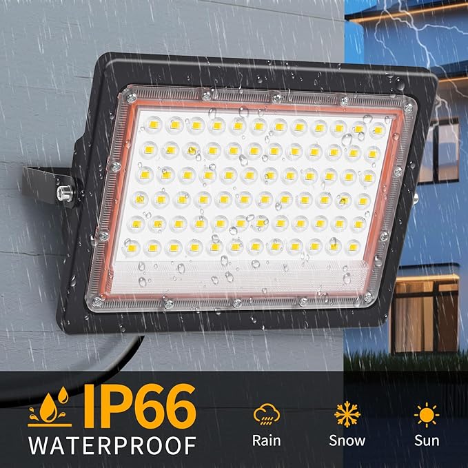 60W LED Flood Light Outdoor with 6ft Plug 7200LM Brighter Exterior Security Lights 5000K Daylight Floodlights IP66 Waterproof for Yard Garage Workshop Lawn 2 Pack