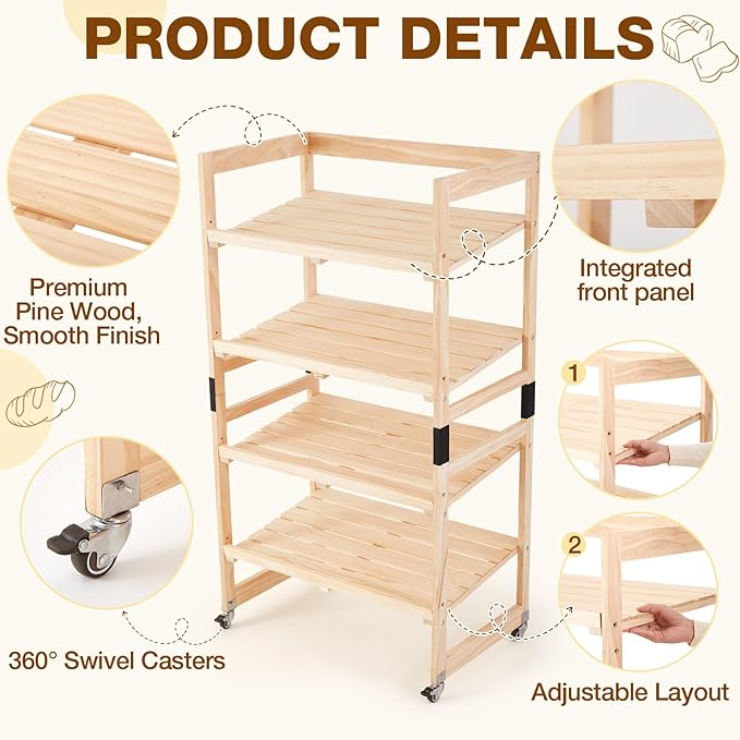 55 x 30 x 18 4 Tier Wood Bakery Bread Rack with Angled Shelves Bread Fruit Vegetable Display Shelf Stand for Shop Pantry Office Grocery Supermarket Kitchen Organizer