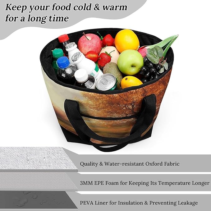 Insulated Shopping BagLarge Reusable Cooler Bags Autumn Scene Printed Foldable Shopping BagTravel Waterproof Shoulder Bag