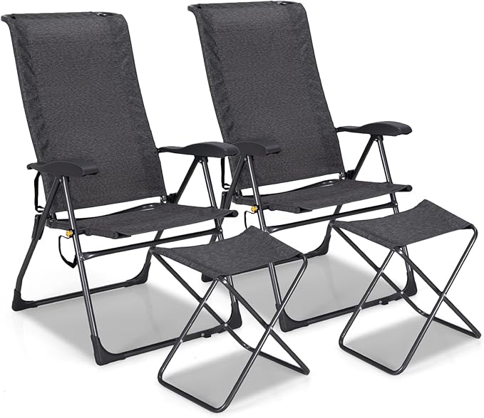 GYMAX Folding Camping Chair Patio Recline Chair with Ottomans with 7-Level Adjustable Backrest &amp Back Pocket Foldable Portable Lounge Chair with Stools for Backyard Outdoor/Indoor (2 Grey)